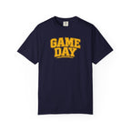 A navy blue short-sleeve t-shirt with 'GAME DAY' printed in yellow varsity-style block letters on the chest, displayed against a solid white background.