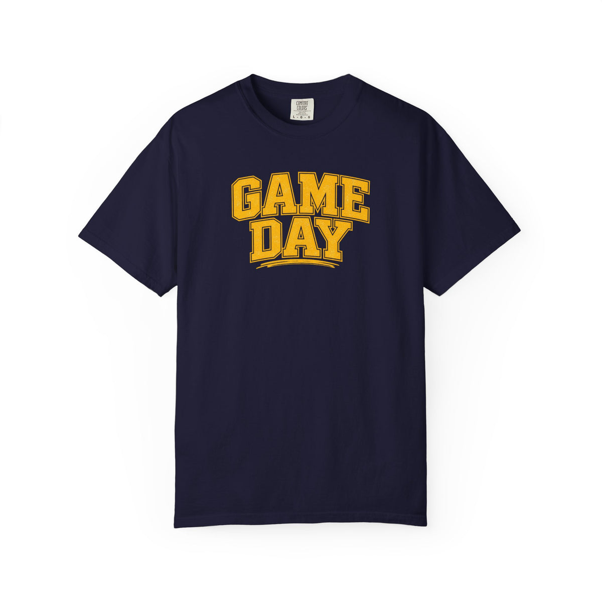 A navy blue short-sleeve t-shirt with 'GAME DAY' printed in yellow varsity-style block letters on the chest, displayed against a solid white background.