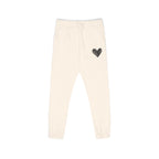 Beige sweatpants with a green logo on a white background