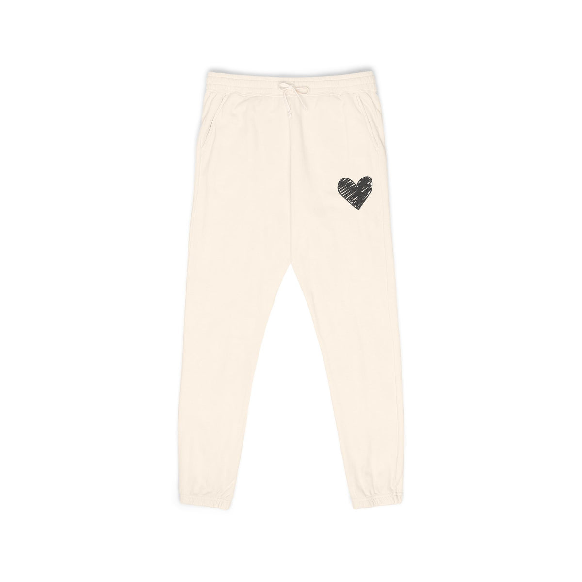 Beige sweatpants with a green logo on a white background