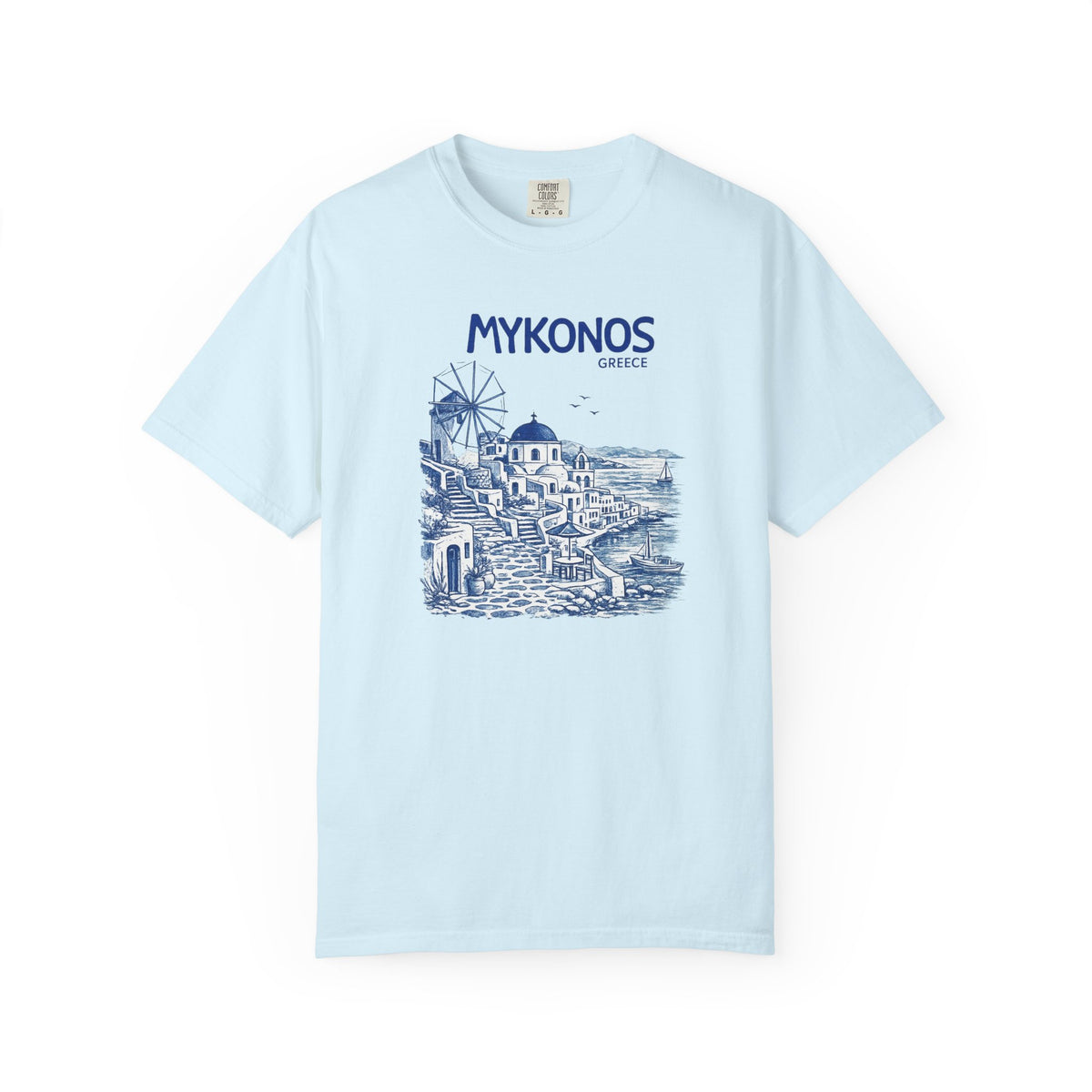 Light blue t-shirt with Mykonos graphic design on a white background