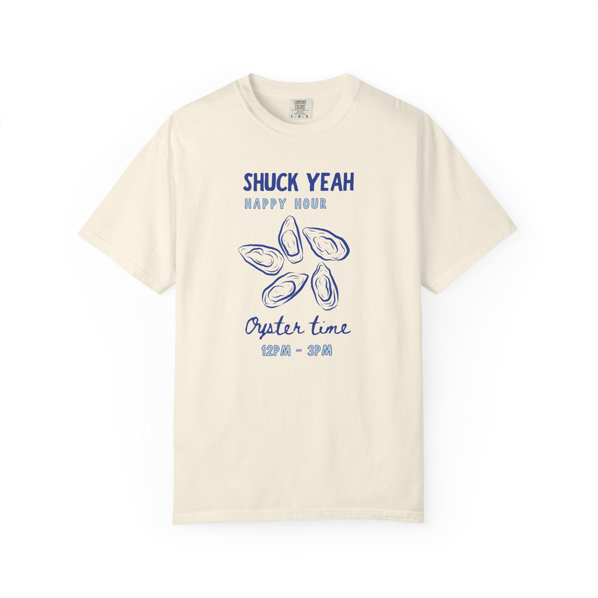 Beige t-shirt with blue graphic and text on a white background