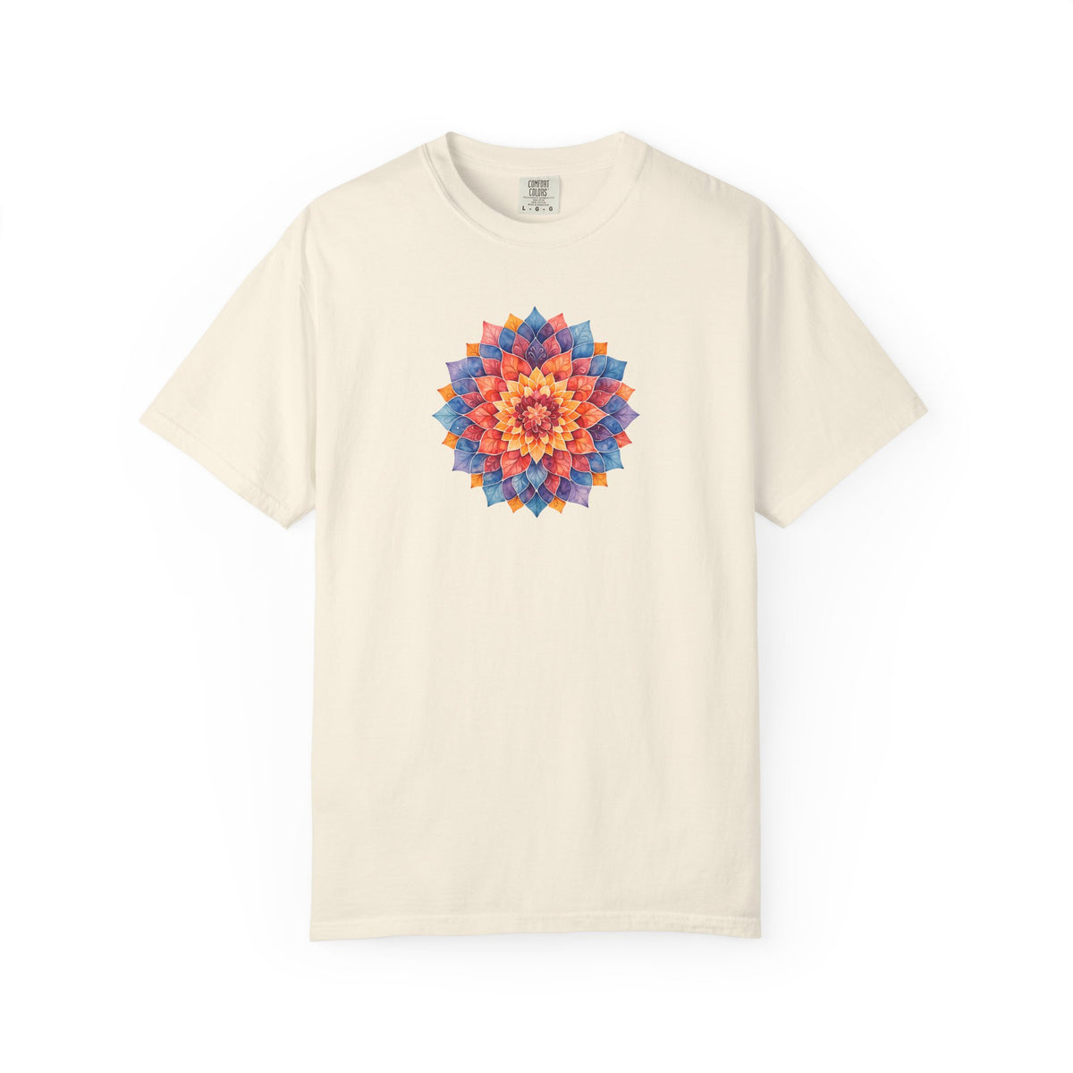 Beige t-shirt with a colorful mandala design on a white background