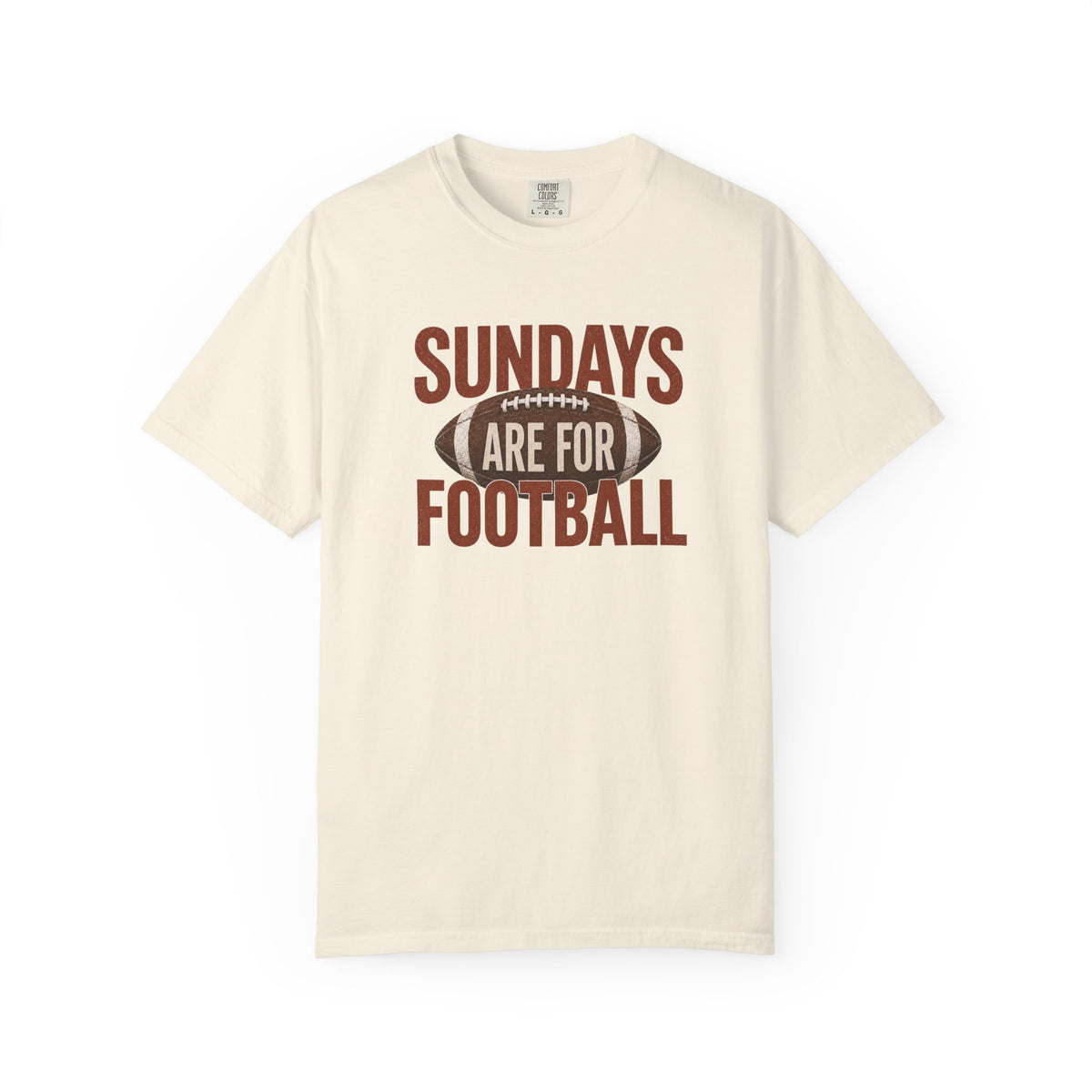 An off-white short-sleeve crewneck t-shirt with a graphic on the front that reads 'SUNDAYS ARE FOR FOOTBALL' in brown, featuring a football illustration in the center.