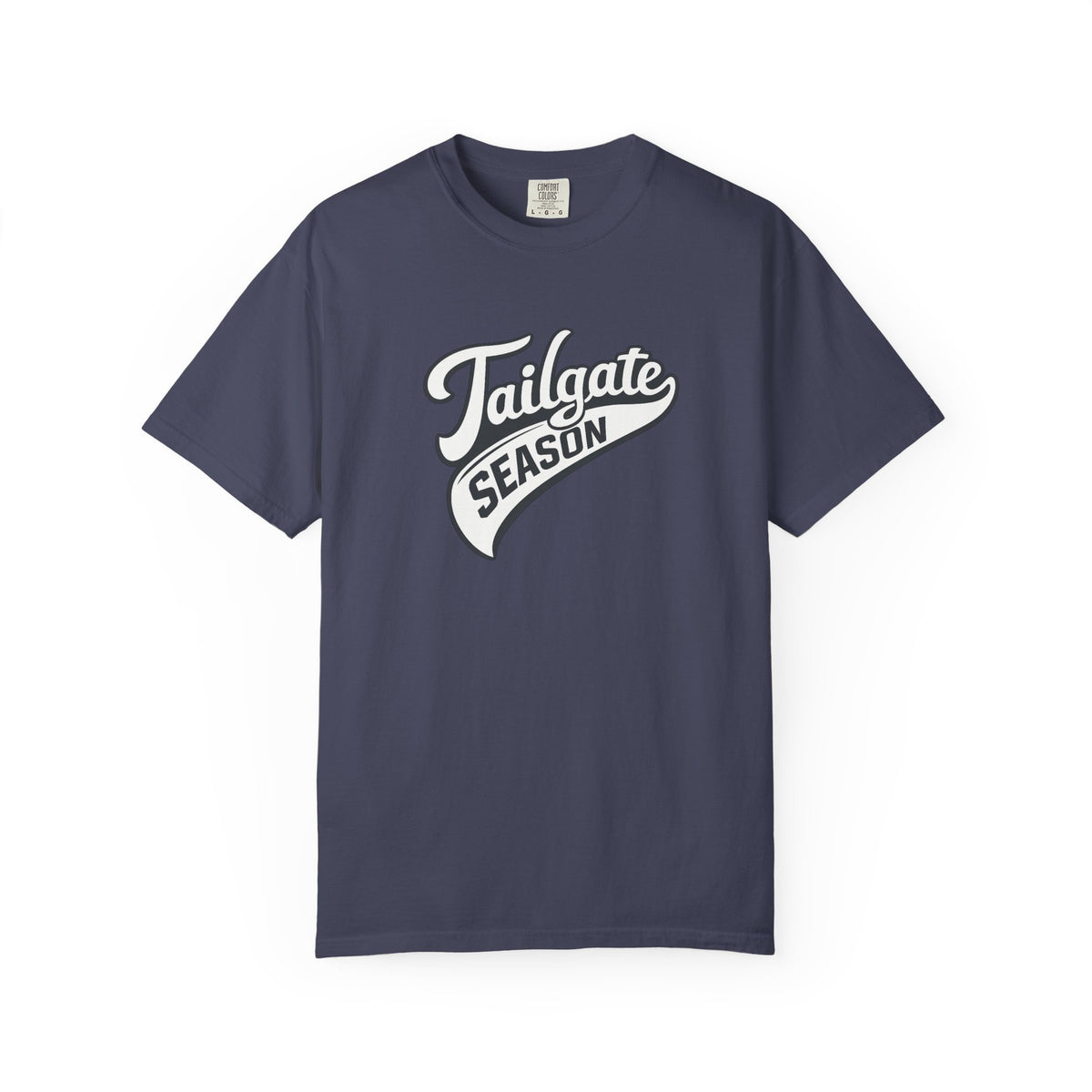 A navy blue short-sleeve crewneck t-shirt with a white graphic on the chest reading 'Tailgate Season' in a retro script font, displayed against a solid white background.