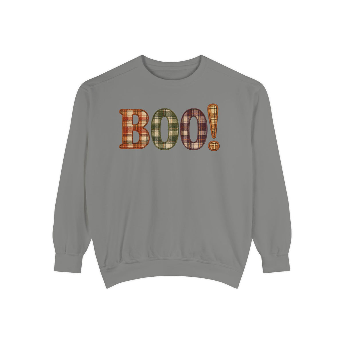 A gray crewneck sweatshirt featuring the word 'BOO!' in a plaid pattern across the chest, with an exclamation mark. The plaid pattern contains orange, green, and brown tones.