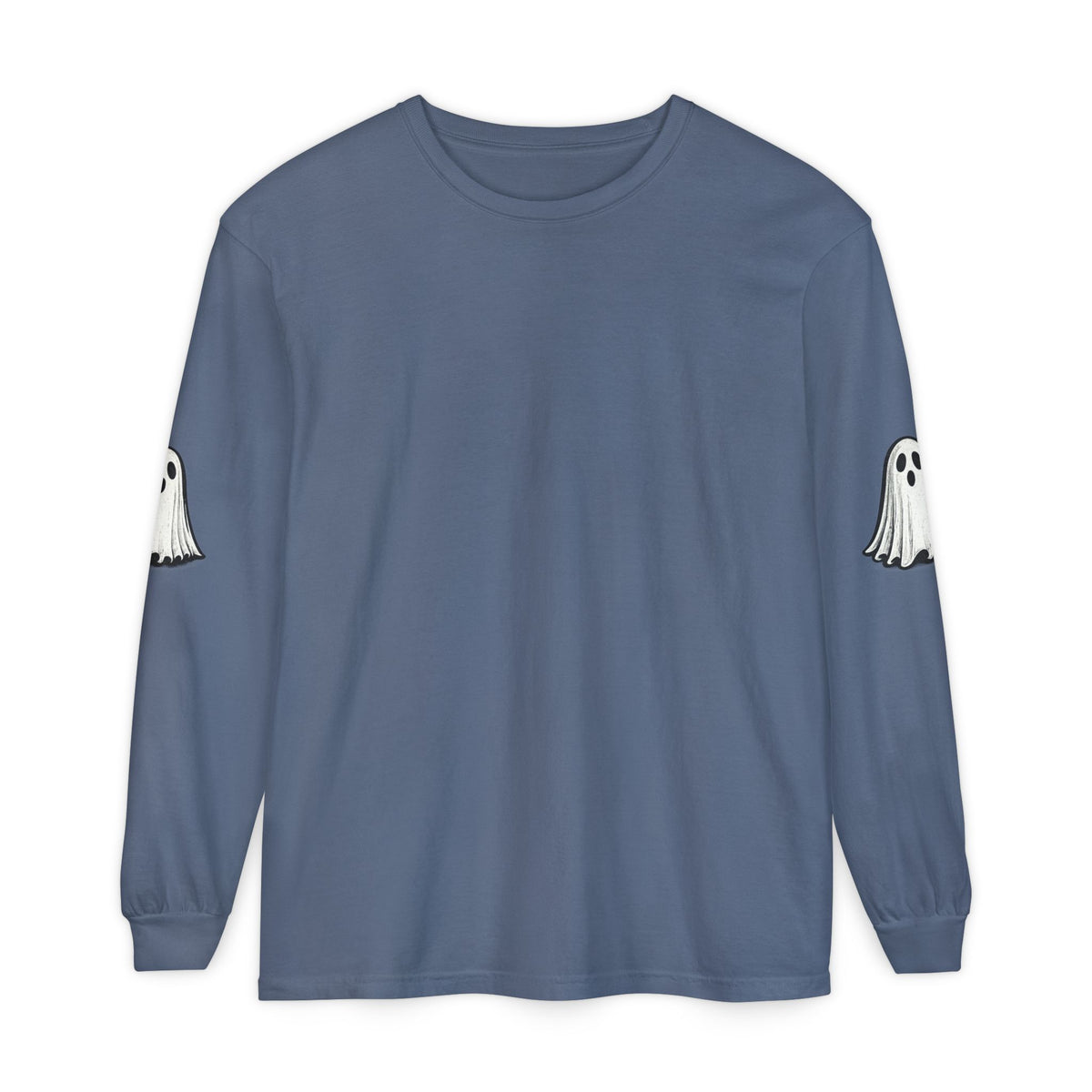 A slate blue long-sleeve crewneck t-shirt with white ghost graphics printed on both upper sleeves, displayed flat against a solid white background.