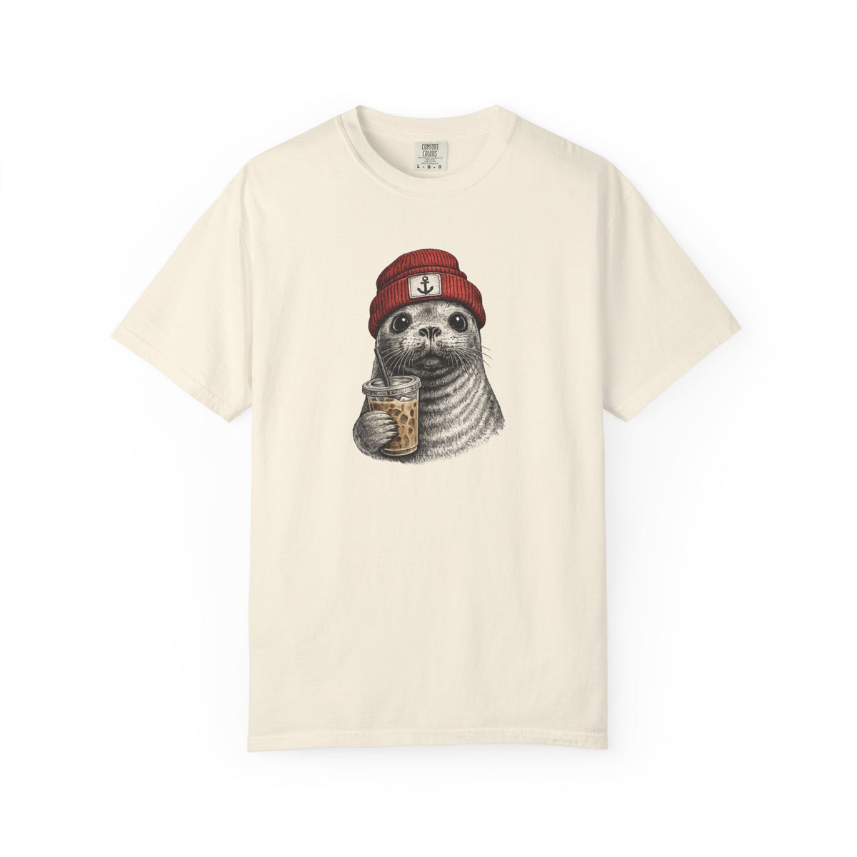 Seal in Beanie with Ice Coffee TShirt — Cute Seal Graphic T-Shirt