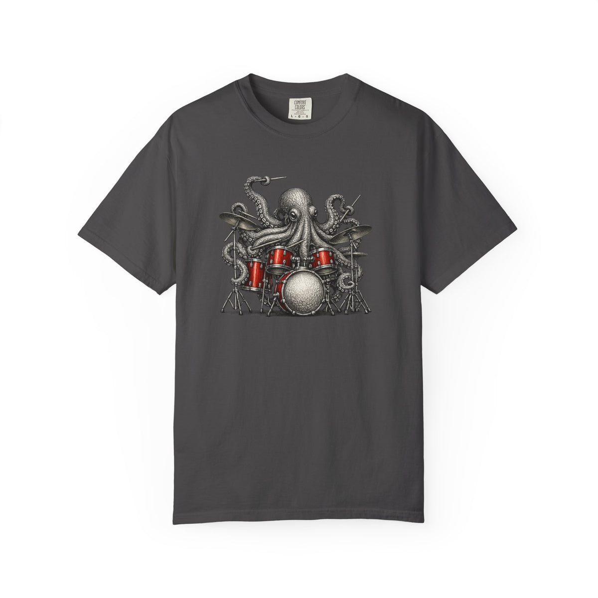 Gray t-shirt with a graphic of an octopus playing drums on a white background