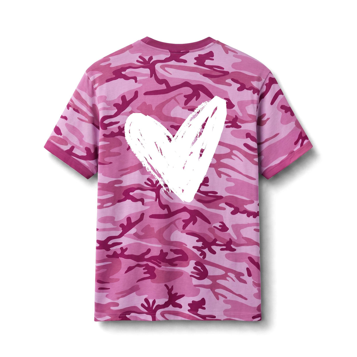 A pink camouflage t-shirt with a large white hand-drawn heart on the front, displayed against a clean white background.