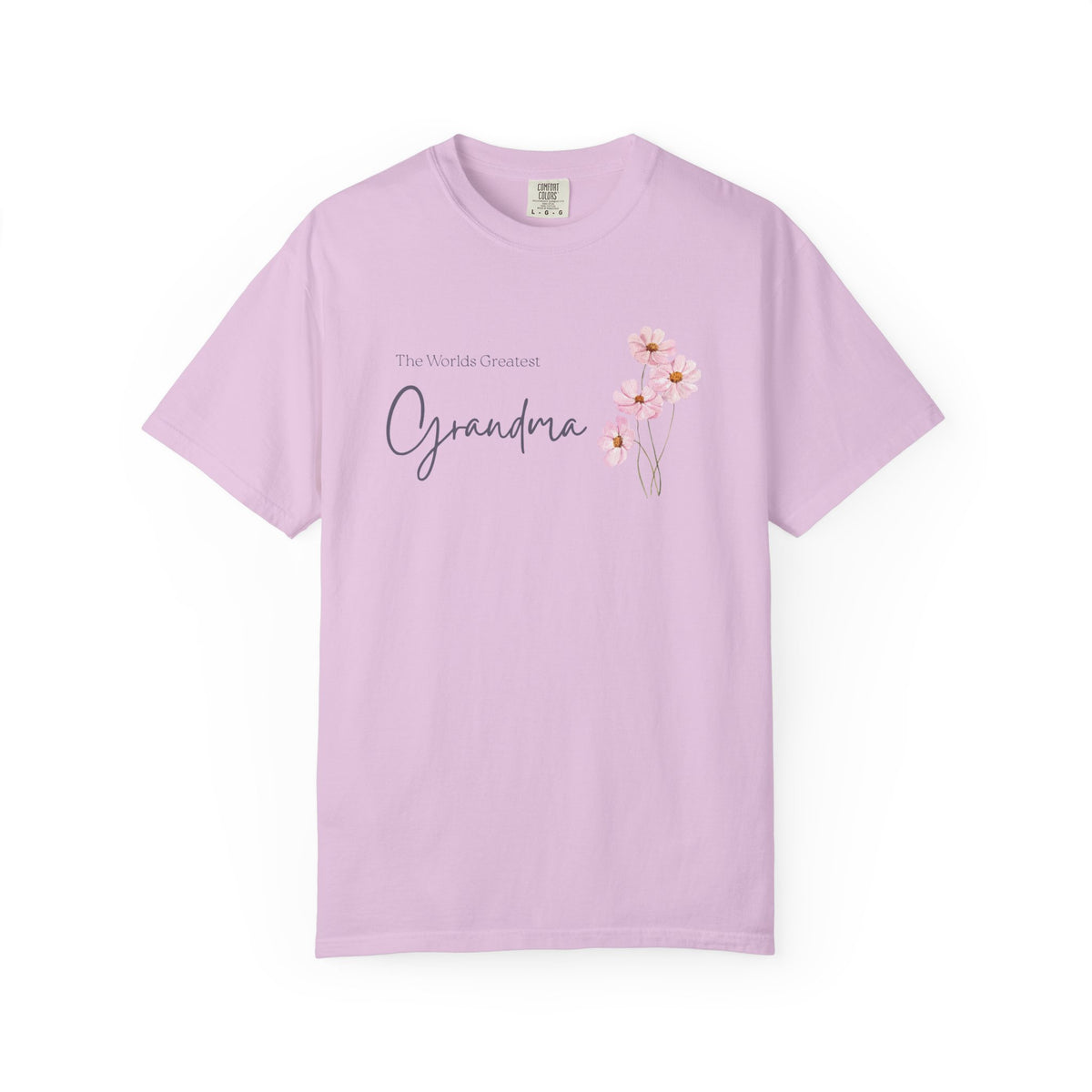 Light purple t-shirt with 'The World's Greatest Grandma' text and floral design on a white background