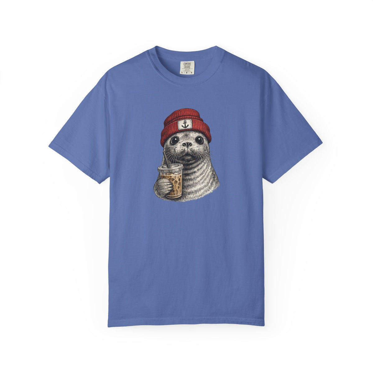 Seal in Beanie with Ice Coffee TShirt — Cute Seal Graphic T-Shirt