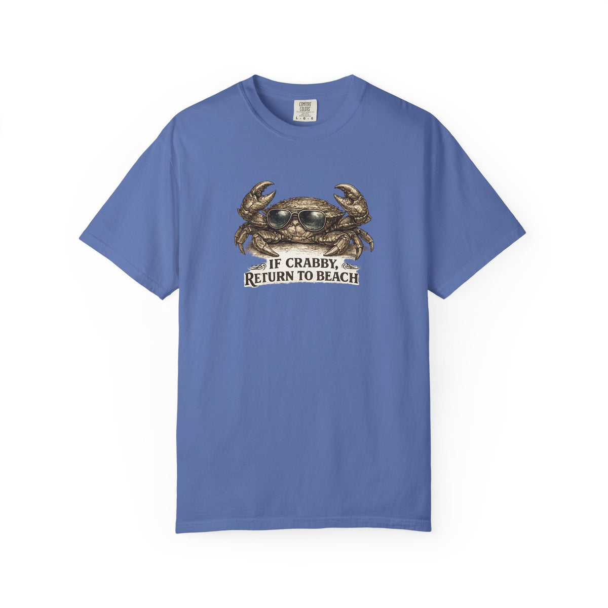 A blue short-sleeve crewneck t-shirt featuring a graphic of a crab and the text 'IF CRABBY, RETURN TO BEACH' printed on the chest, displayed against a plain white background.