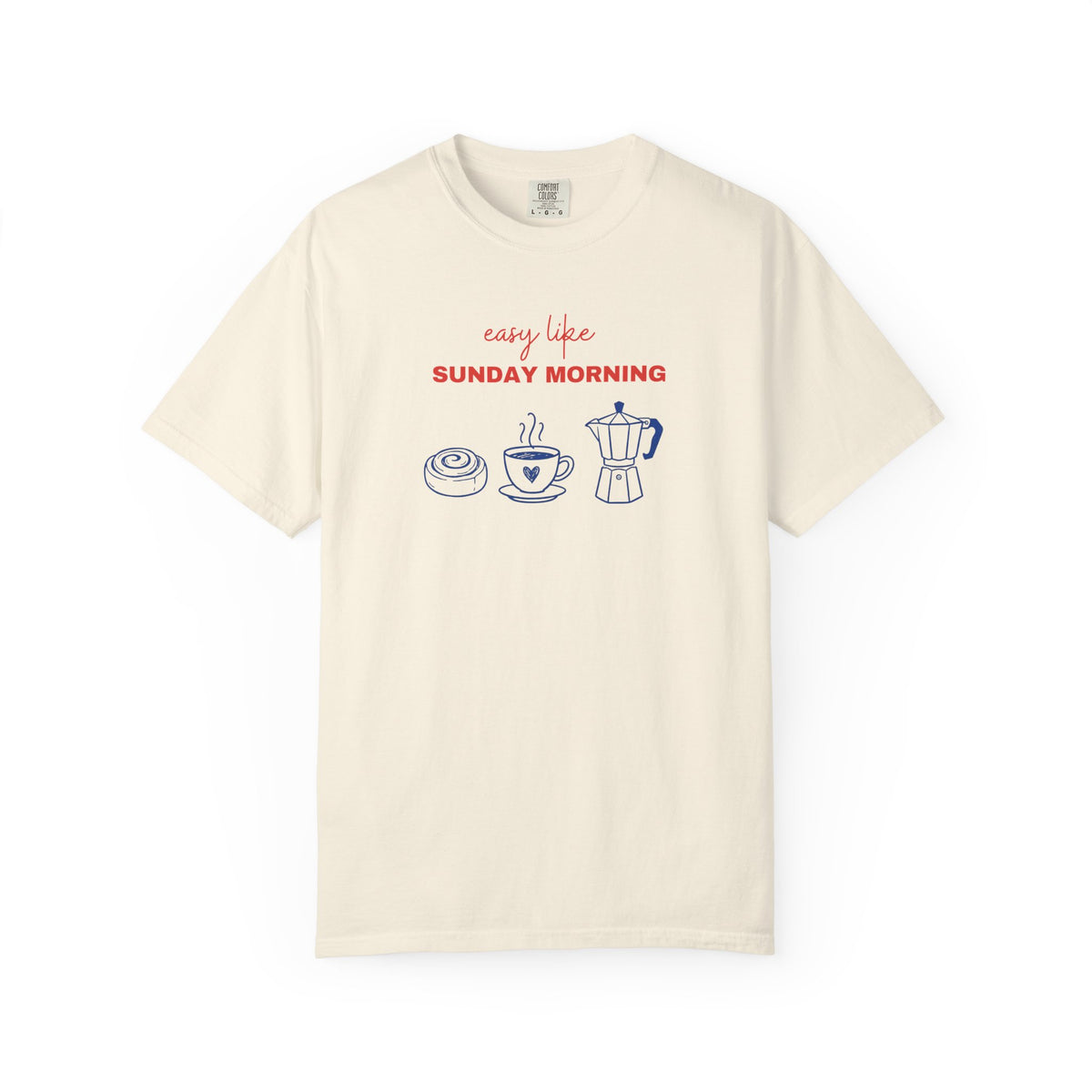 Beige t-shirt with graphic design and text on a white background