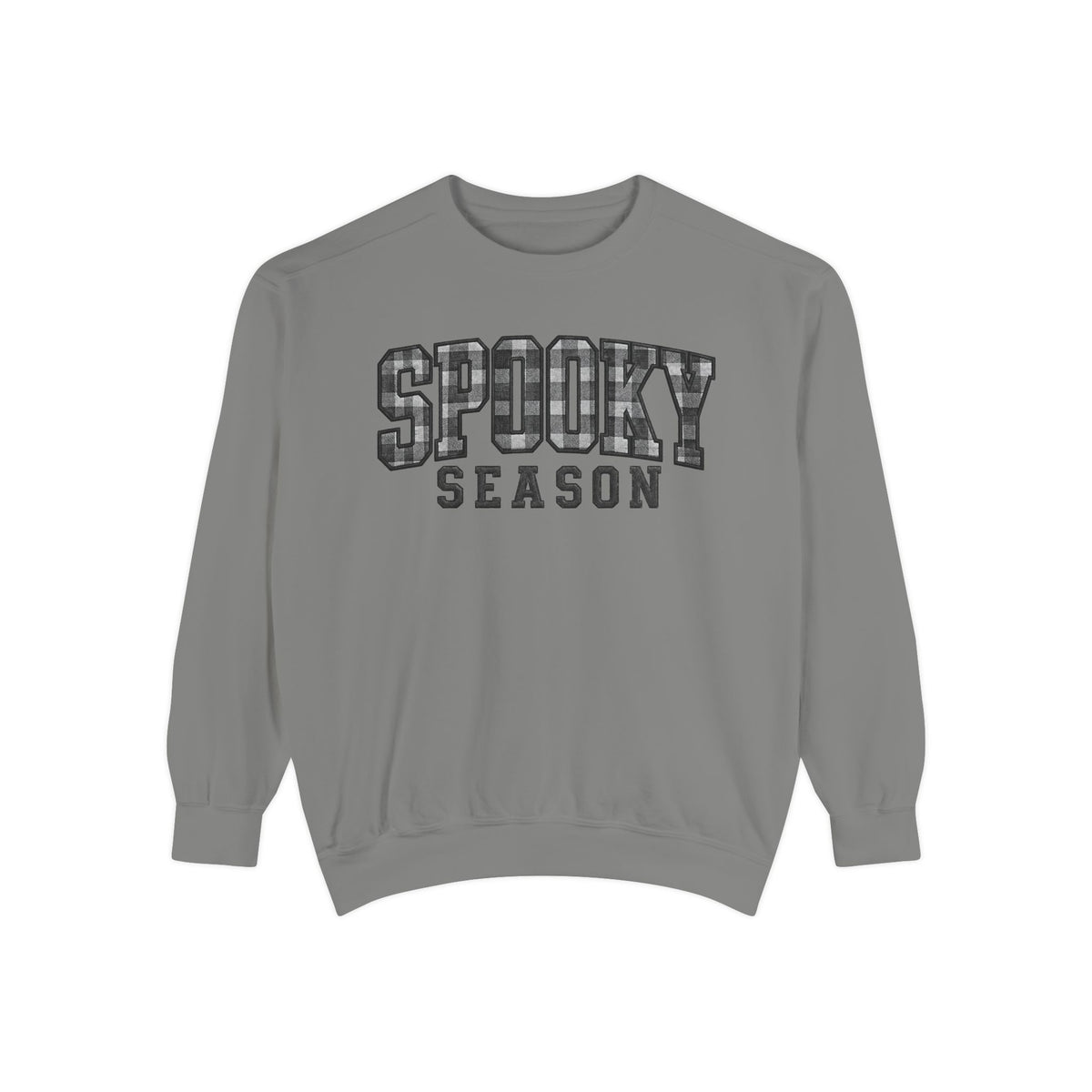A gray crewneck sweatshirt with 'SPOOKY SEASON' printed across the chest in a distressed black-and-white patterned font, shown on a plain white background.