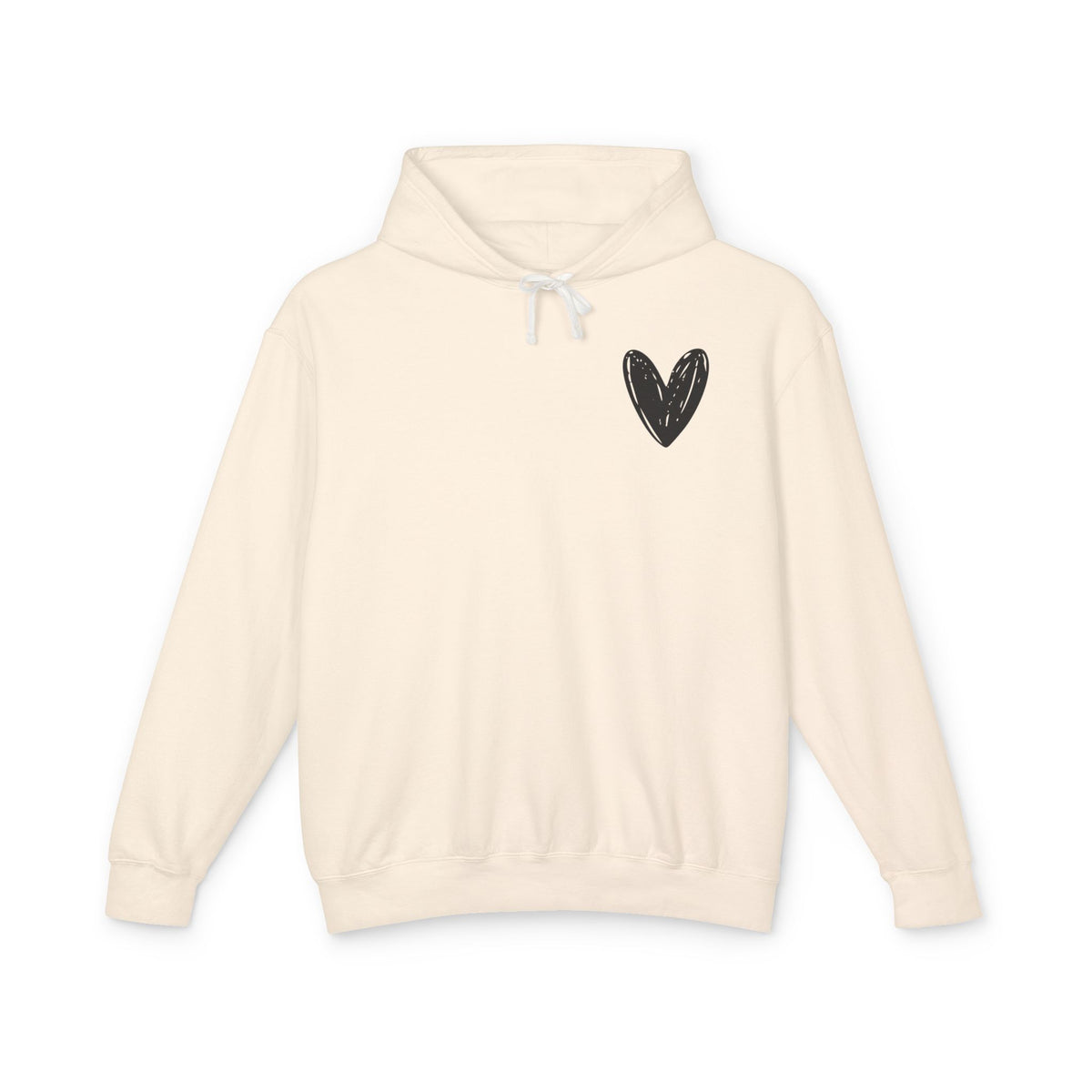 An off-white hooded sweatshirt with a small black hand-drawn heart on the left chest, displayed on a clean white background.