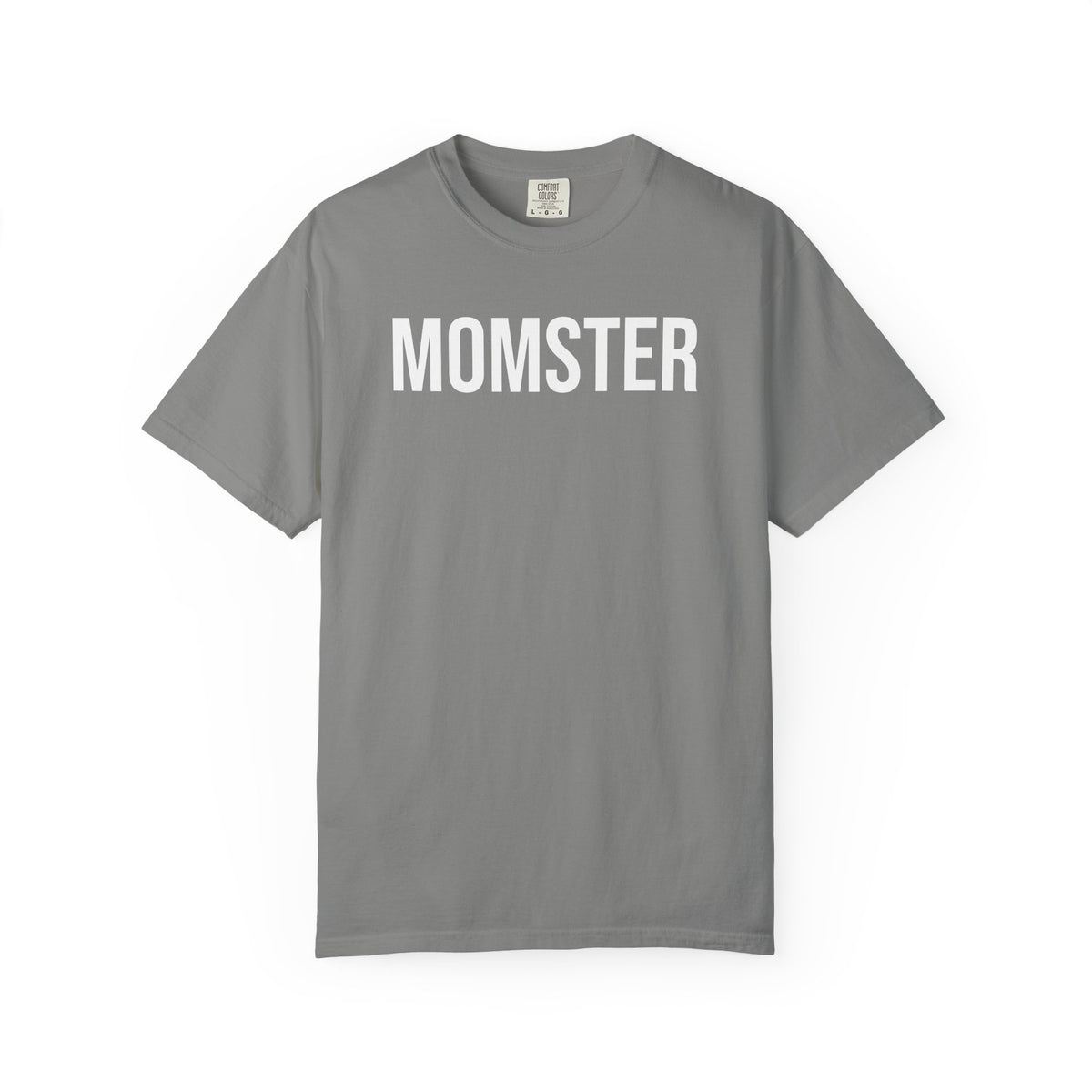 A gray short-sleeve crewneck t-shirt with the word 'MOMSTER' printed in bold white capital letters across the chest, displayed on a clean white background.