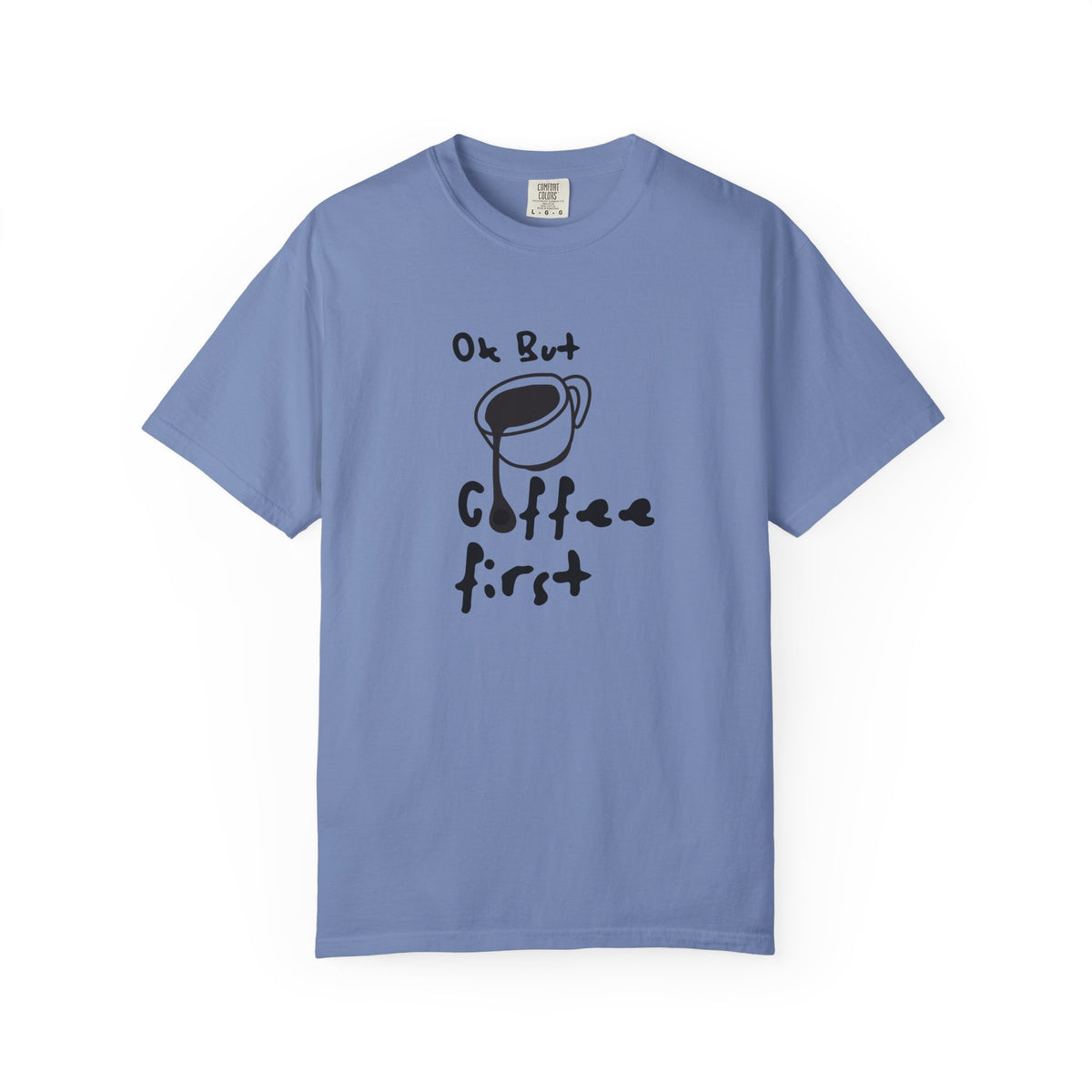 Blue t-shirt with a coffee-themed graphic and text on a white background