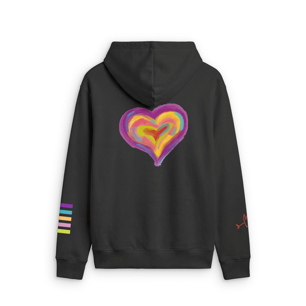 A black pullover hoodie shown from the back, featuring a large, colorful, layered heart graphic in purple, yellow, orange, and pink. The left sleeve has three horizontal stripes in purple, yellow, and black, and there is a small red graphic on the right sleeve.