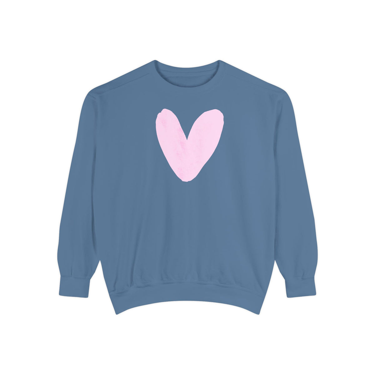 A dusty blue crewneck sweatshirt featuring a large, hand-drawn light pink heart on the chest, displayed against a solid white background.
