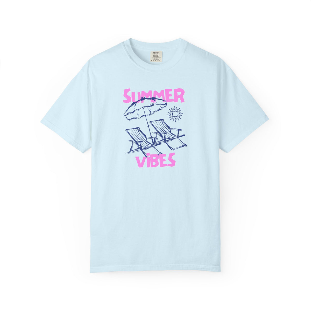 Light blue t-shirt with 'Summer Vibes' graphic design on a white background