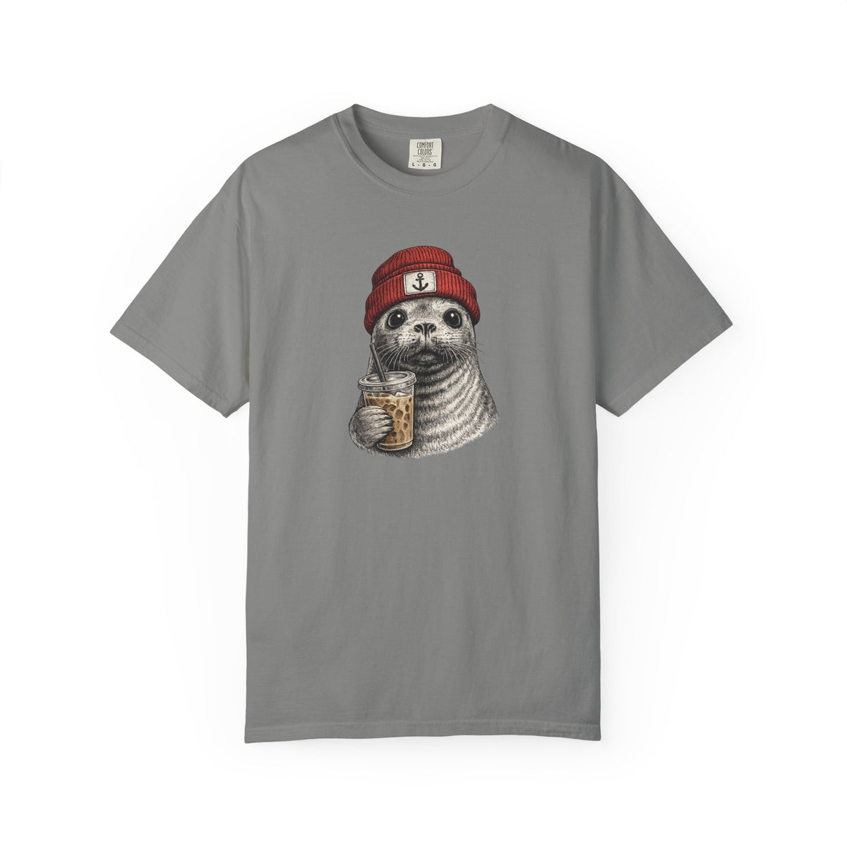 Seal in Beanie with Ice Coffee TShirt — Cute Seal Graphic T-Shirt