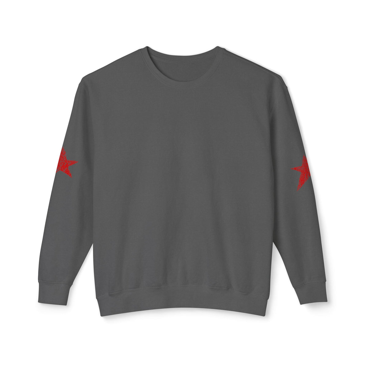 A dark gray crewneck sweatshirt with a small red embroidered star on each sleeve, displayed against a clean white background.