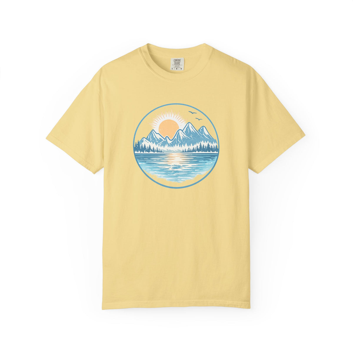 Sunset Mountain Lake T-Shirt- Blue Graphic Lake Tee