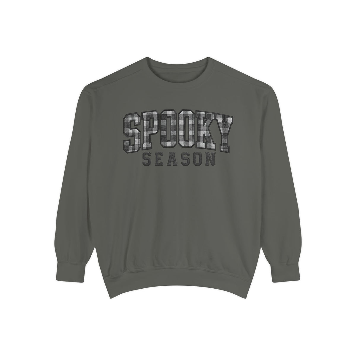 A dark gray crewneck sweatshirt with 'SPOOKY SEASON' printed across the chest in a distressed gray-and-white plaid pattern, shown on a plain white background.
