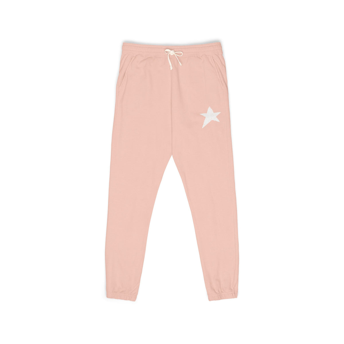 Light pink jogger pants with a white drawstring and a white star graphic on the left thigh, shown against a plain white background.