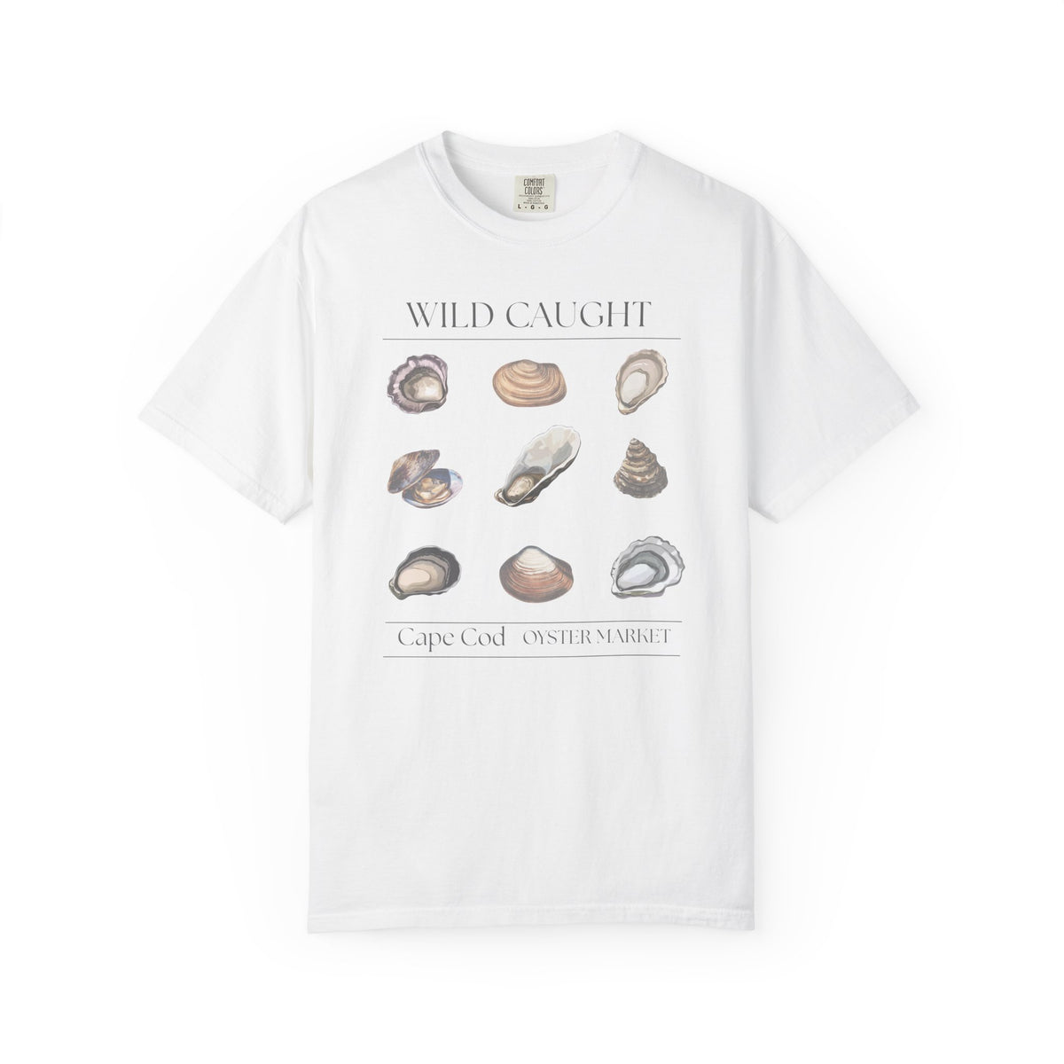 White t-shirt with shell graphics and text on a white background