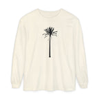 An off-white long-sleeve crewneck t-shirt featuring a black palm tree graphic printed on the center chest, displayed against a solid white background.