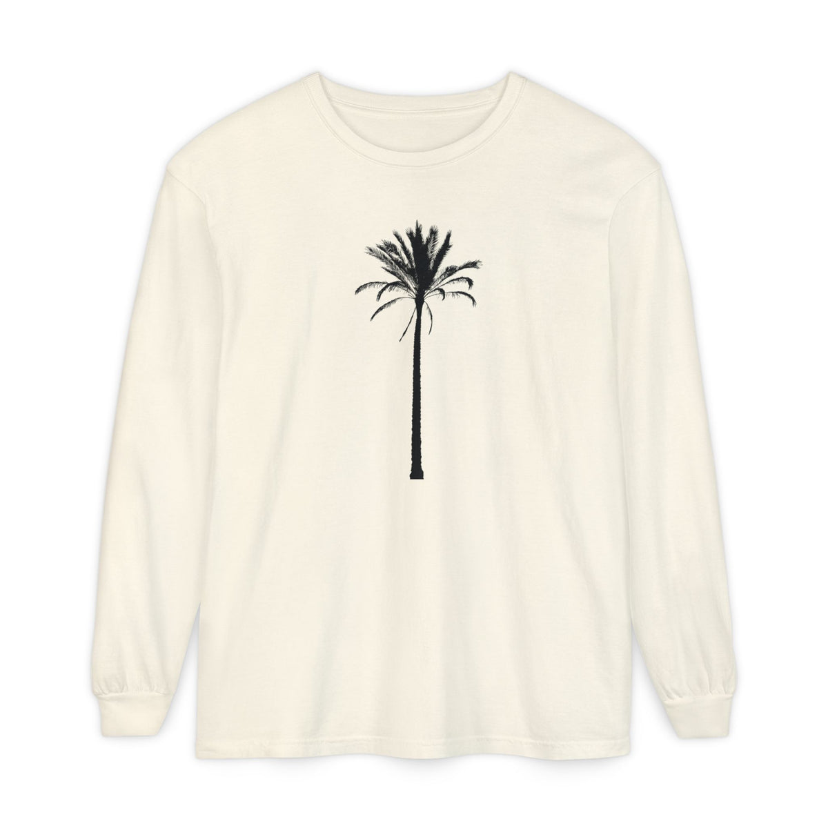 An off-white long-sleeve crewneck t-shirt featuring a black palm tree graphic printed on the center chest, displayed against a solid white background.