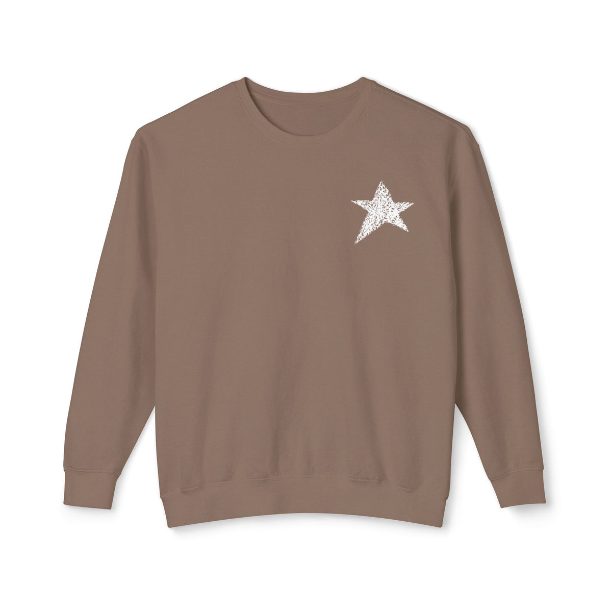 A brown crewneck sweatshirt with a small white glittery star graphic on the left chest, displayed against a clean white background.