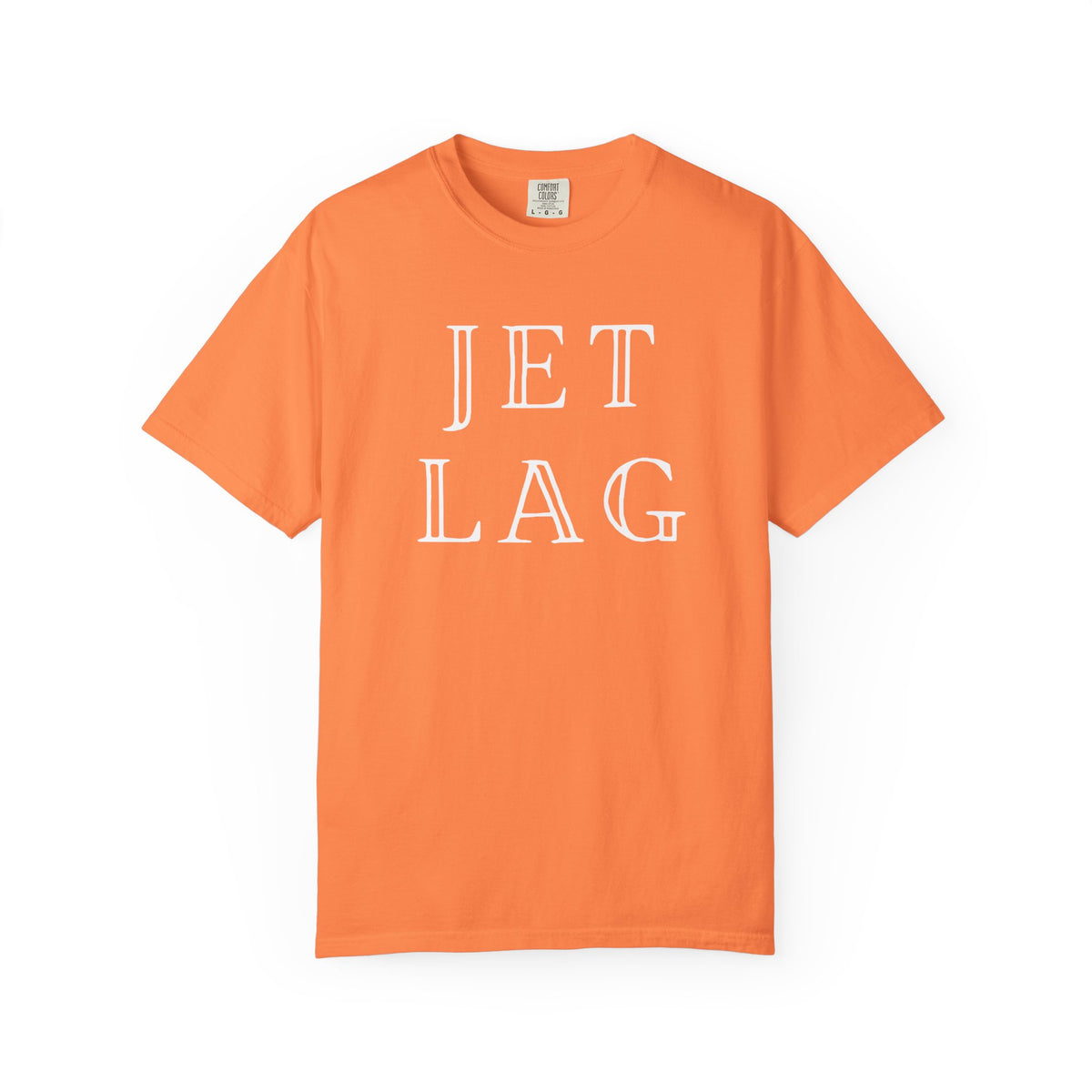 Orange t-shirt with 'JET LAG' text on a white background