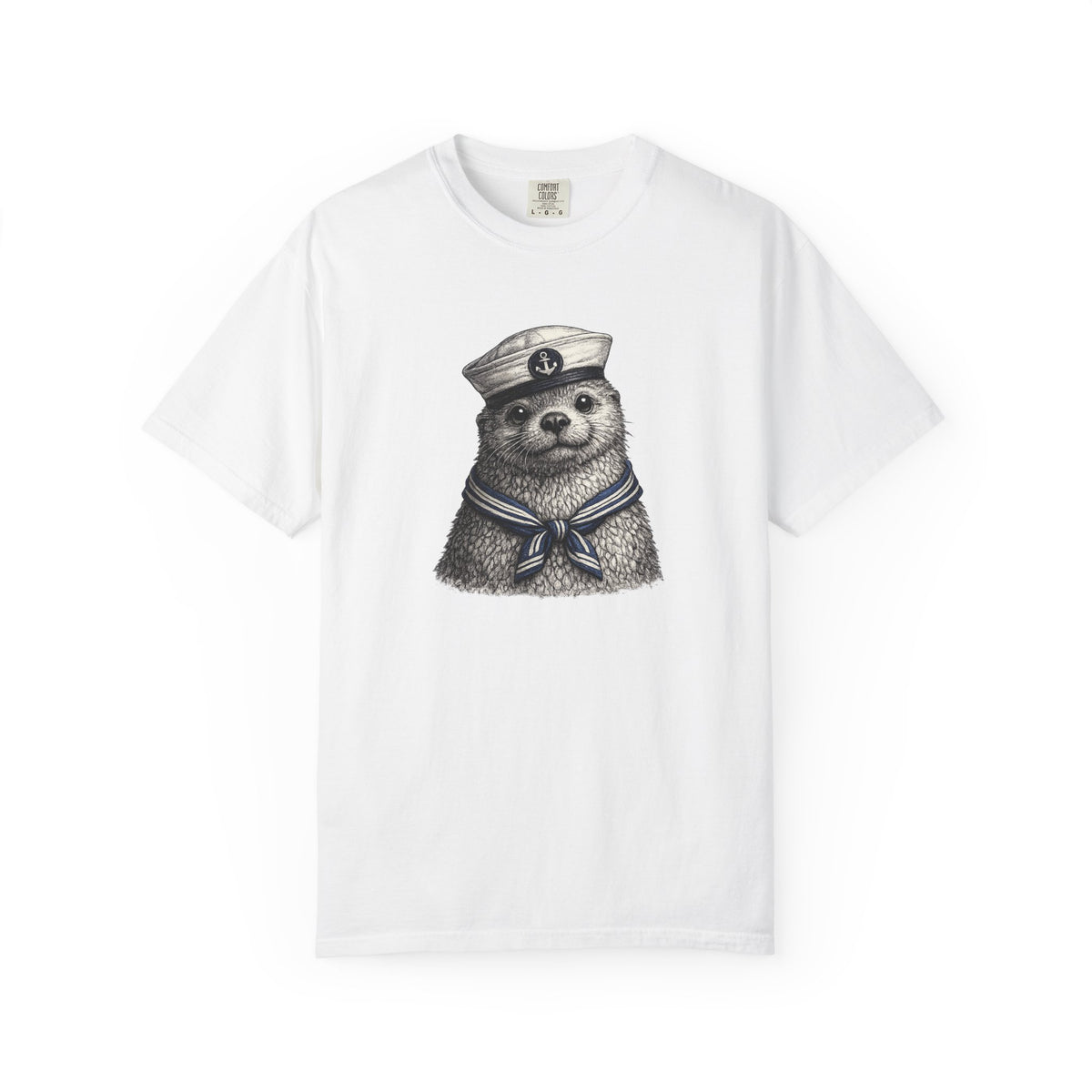 White t-shirt with a graphic of a beaver wearing a sailor hat and tie on a white background