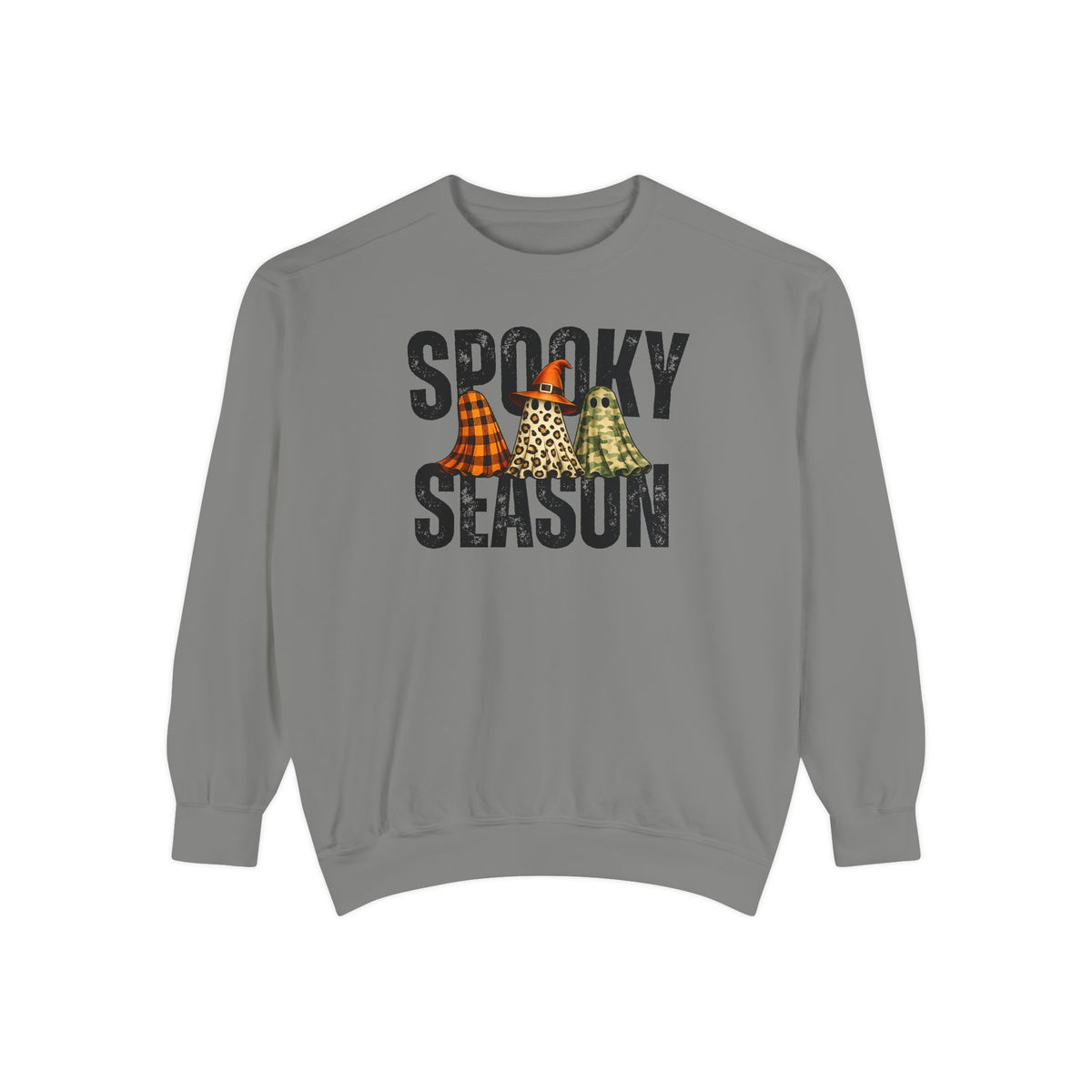 A gray crewneck sweatshirt featuring a 'Spooky Season' graphic on the chest with three cartoon ghosts wearing orange and black plaid, leopard print, and green plaid hats.