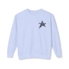 Light blue sweatshirt with a logo and text on a white background