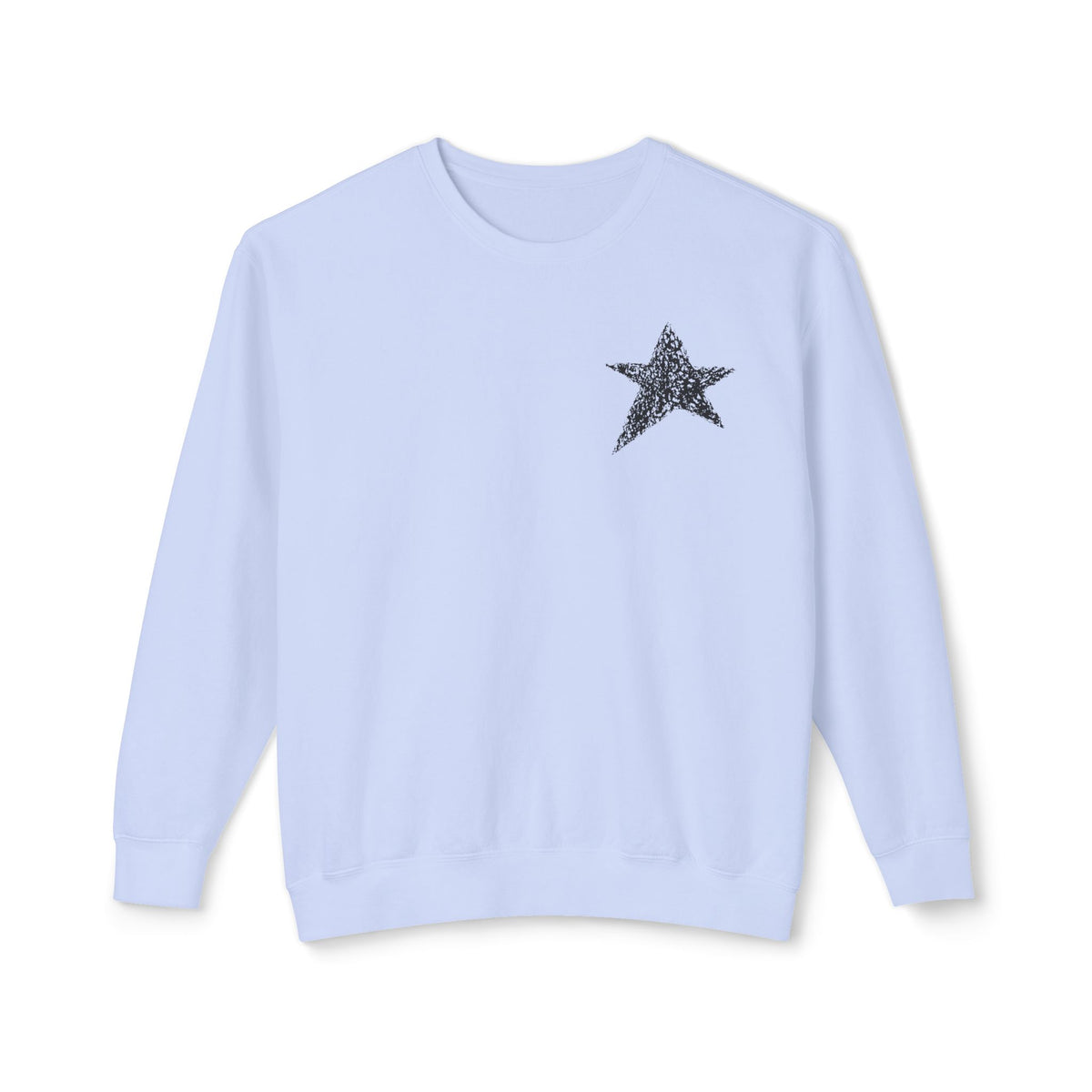 Light blue sweatshirt with a logo and text on a white background