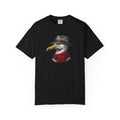 Black t-shirt with a graphic of a bird wearing a hat and scarf on a white background