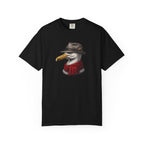 Black t-shirt with a graphic of a bird wearing a hat and scarf on a white background