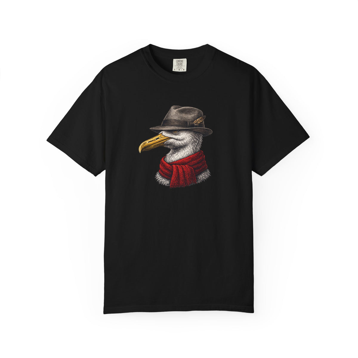 Black t-shirt with a graphic of a bird wearing a hat and scarf on a white background