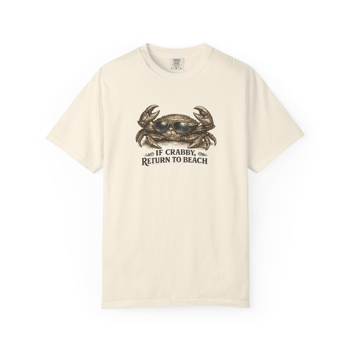An off-white short-sleeve crewneck t-shirt featuring a graphic of a crab and the text 'IF CRABBY, RETURN TO BEACH' printed on the chest.