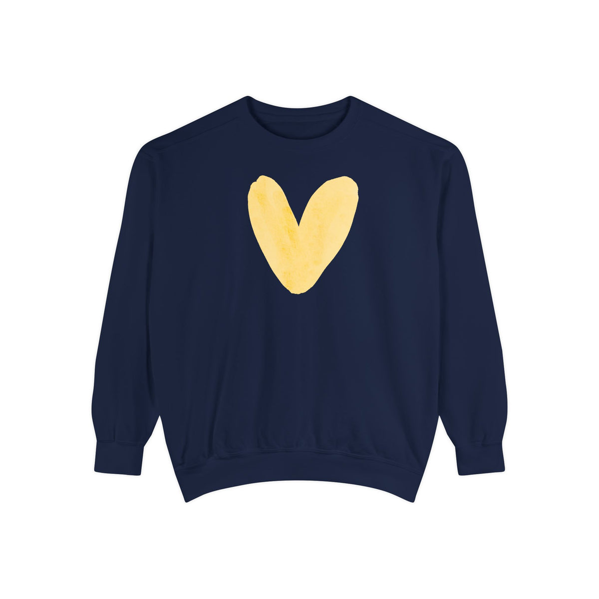 A navy blue crewneck sweatshirt featuring a large, textured yellow heart graphic printed on the center chest, displayed against a solid white background.