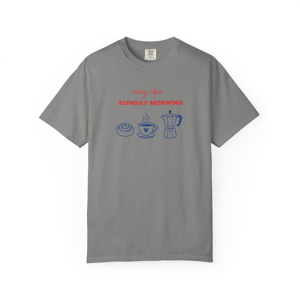 Gray t-shirt with pink and black graphic design on a white background