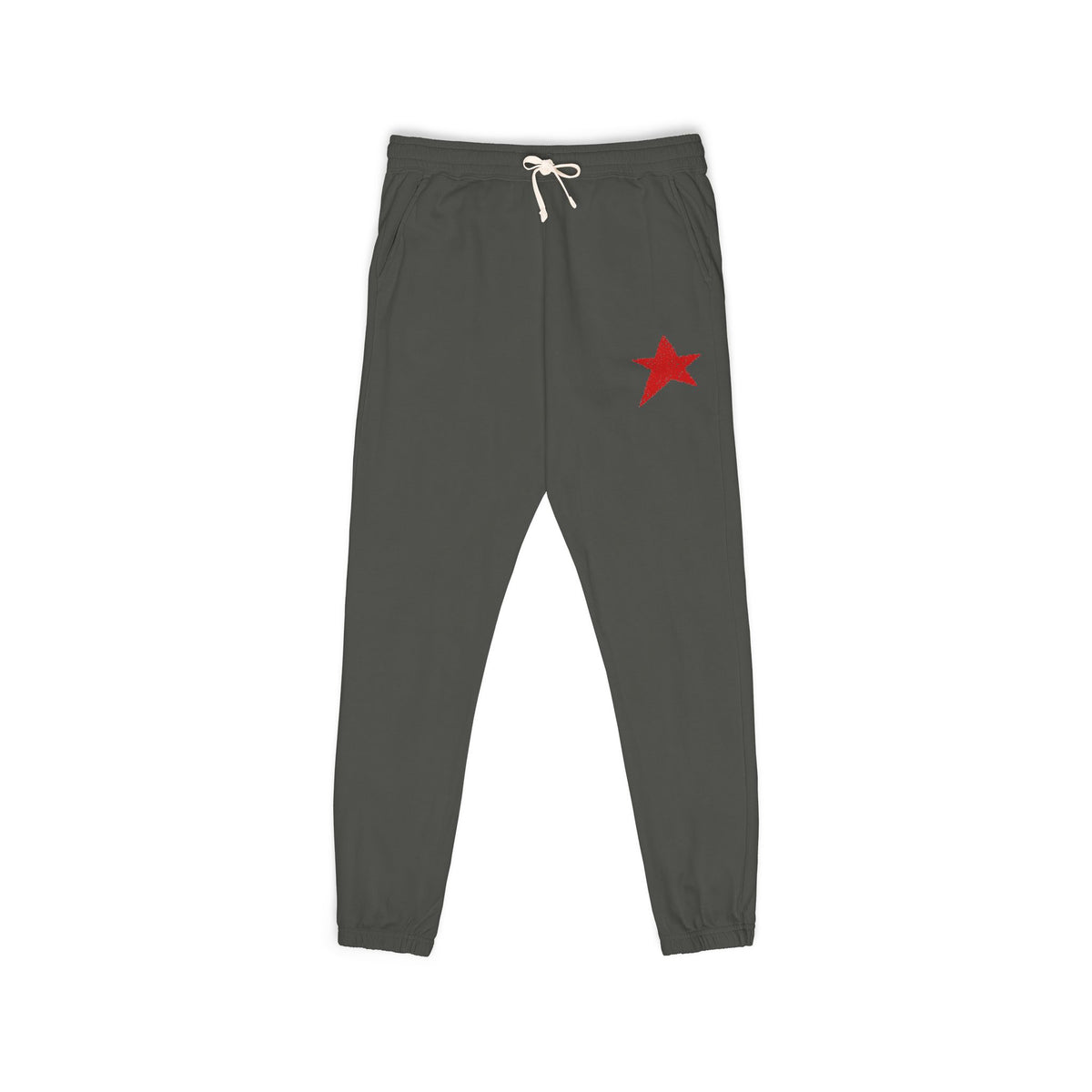 Dark gray jogger pants with a small red star logo on the left thigh and a white drawstring at the elastic waistband, shown against a plain white background.