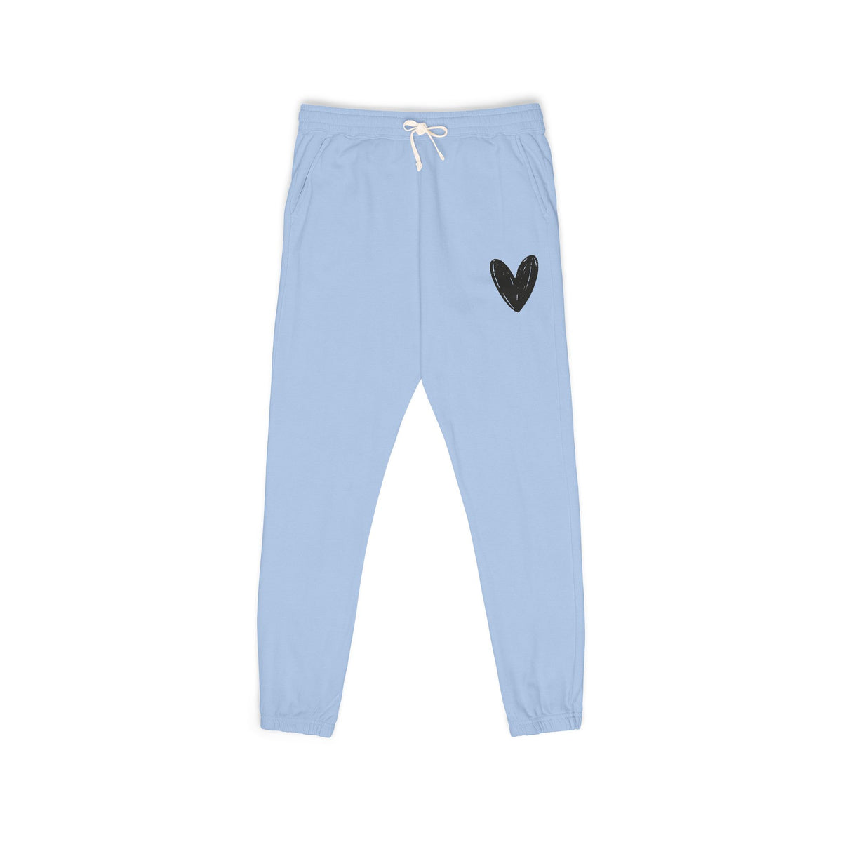 Light blue sweatpants with a small black heart graphic on the upper left leg and a white drawstring at the elastic waistband, shown flat on a white background.