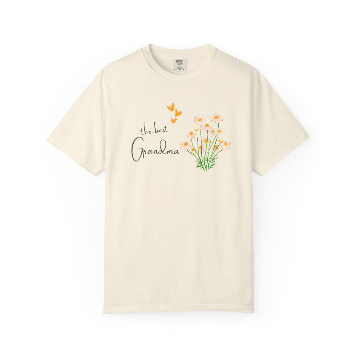 Beige t-shirt with 'the best Grandma' text and floral design on a white background