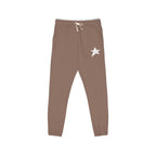 Dark gray sweatpants with a small graphic on a white background