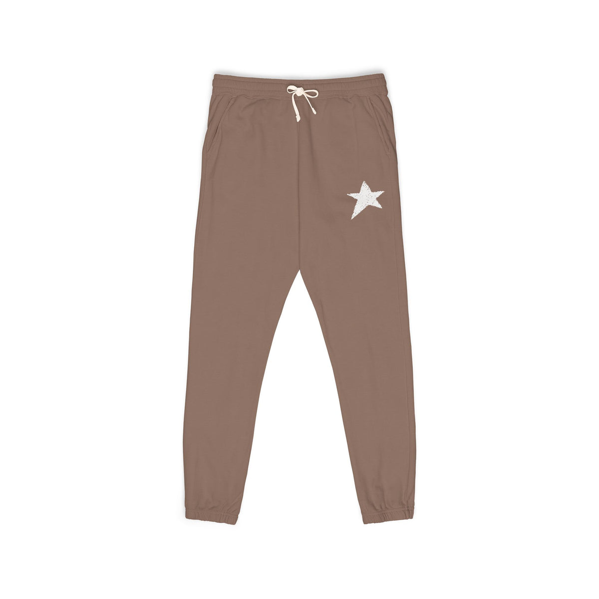 Dark gray sweatpants with a small graphic on a white background
